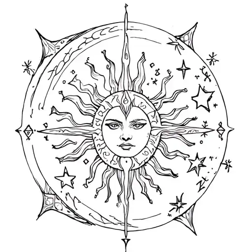 sun moon and stars with viking runes tattoo design idea