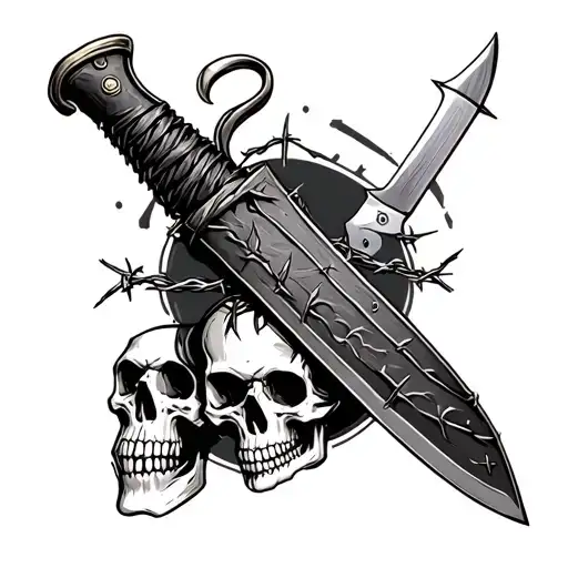 tooled leather sleeve with a knife and barbed wire tattoo with a skull tattoo design idea