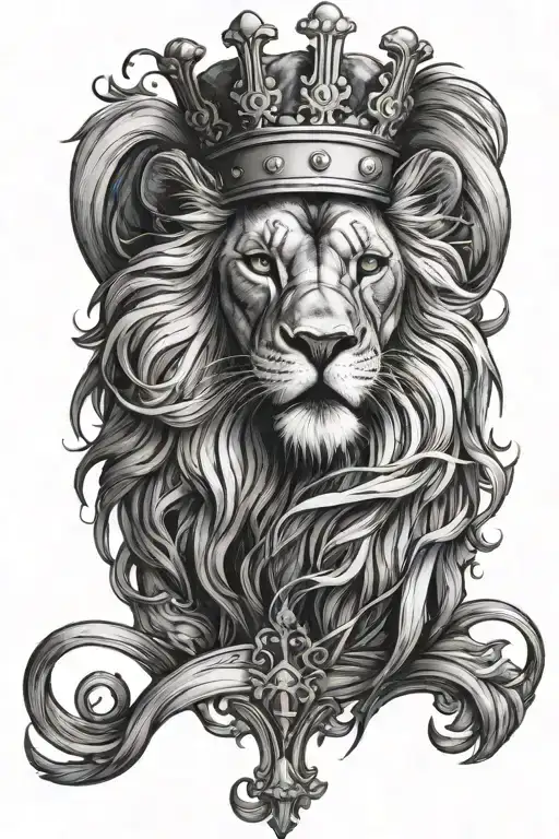 A black and white lion with a crown and a white cross in its eye roaring tattoo design idea