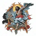 Black Jesus on a cross with a red lightning storm with a legion of angels in the air  tattoo design idea