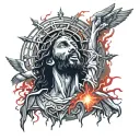 Black Jesus on a cross with a red lightning storm with a legion of angels in the air  tattoo design idea