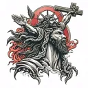 Black Jesus on a cross with a red lightning storm with a legion of angels in the air  tattoo design idea