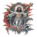Black Jesus on a cross with a red lightning storm with a legion of angels in the air  tattoo design idea