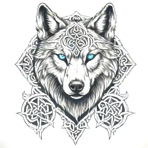 Wolf With Blue Eyes On Armor Tattoo Design Featuring Celtic Trinity Knot tattoo design idea