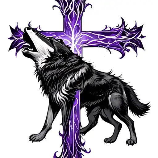 purple black wolf howling cross made tattoo design idea