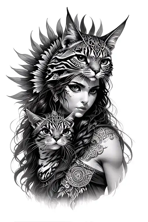 azte warrior princess and a ocelotl and not too many details tattoo design idea