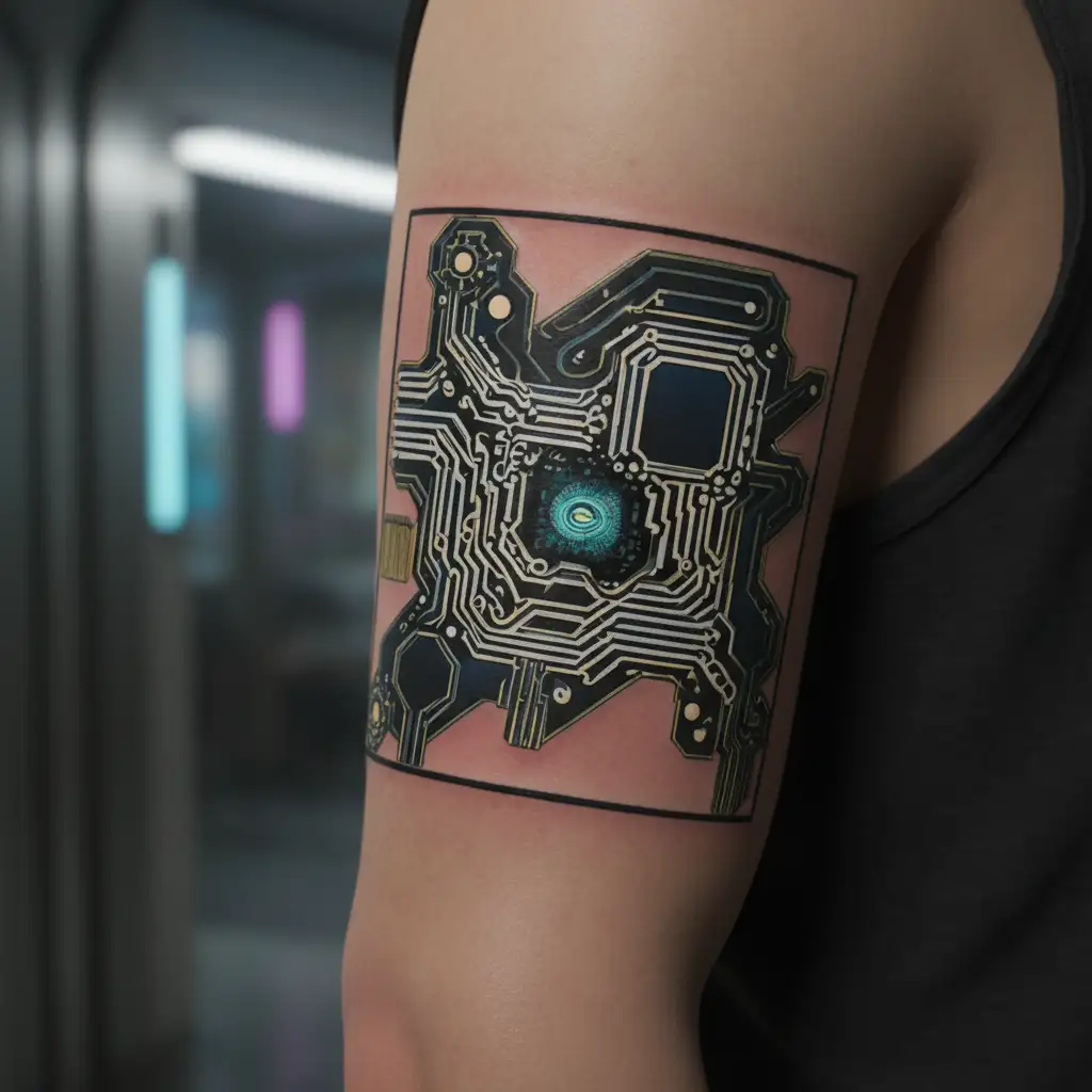 Black and metal gold parts motherboard  ATX cpu ram 12 pin power connector circuits gpu tattoo design idea