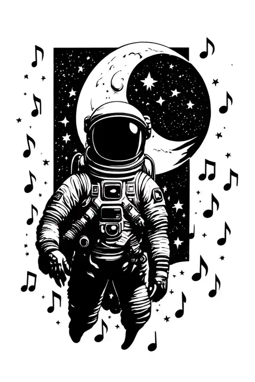 galaxy filled with stars forming musical notes around a moon above a astronaut  tattoo design idea