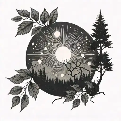 A sun shining brightly above a dark forest, representing the battle against depression and finding hope and light in the darkness tattoo design idea