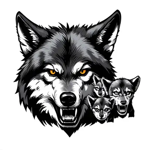 angry wolf with 3 cubs face only tattoo design idea