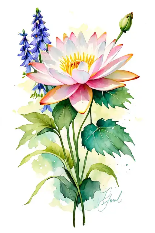 Waterlily And Larkspur flower tattoo design idea