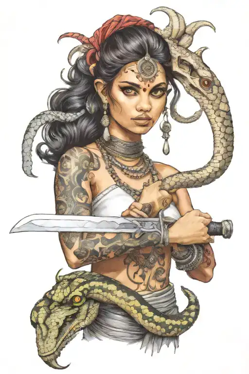 Indian girl with a sword in her hands, a snake around the sword, the girl’s eyes are empty, her hand is bone tattoo design idea