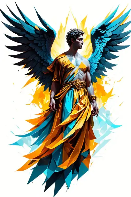 A large masculine angel tattoo design for the full back, with geometric, sharp wings in a modern tribal style. The angel tattoo design idea