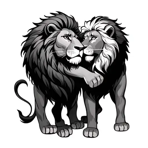 long hair male lion and short hair female lion hugging each other mini tattoo tattoo design idea