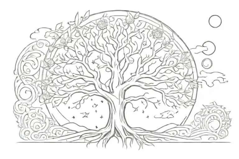 tree of life with sun and moon tattoo design idea