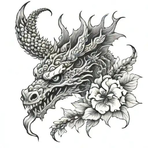 Japanese style with dragon skulls flowers patterns tattoo design idea