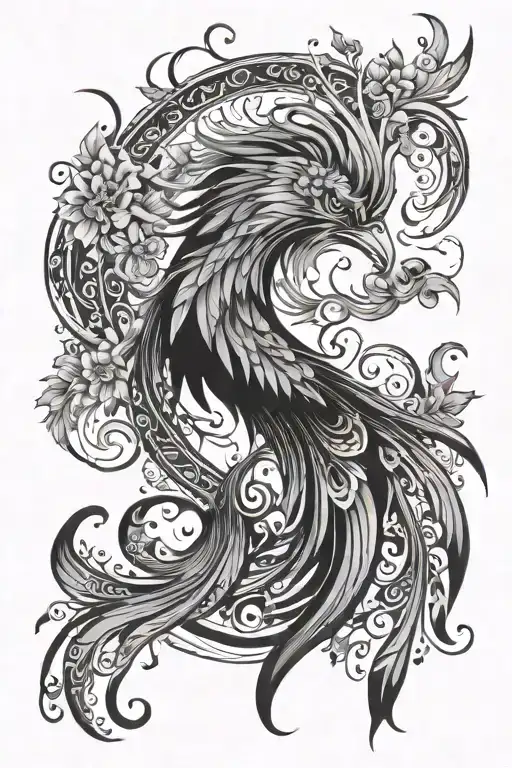 feminine phoenix with flowers and swirls like lively flames tattoo design idea