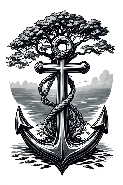 An anchor with a tree growing in the cross at the lower end.The shaft of the anchor consists of a DNAstructure.Geometric tattoo design idea