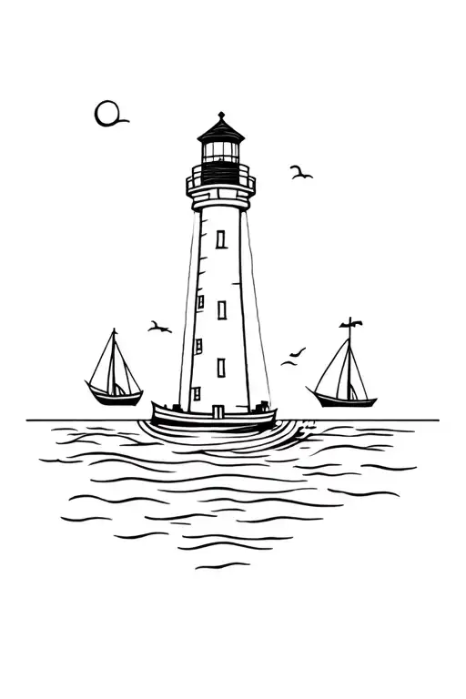 a shining lighthouse representing a dad and two distant boats at sea representing one shy girl and one fun loving boy.  tattoo design idea