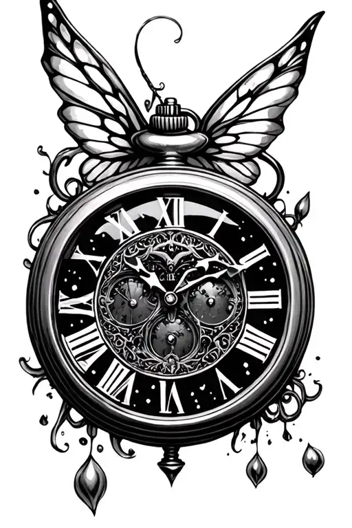 fairy pocket watch face tattoo design idea