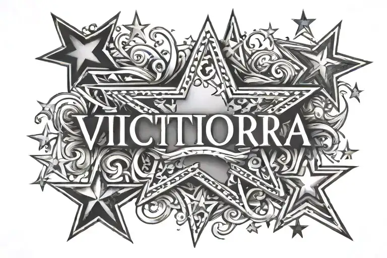 Victoria name with 5 small stars and 1 Big star tattoo design idea