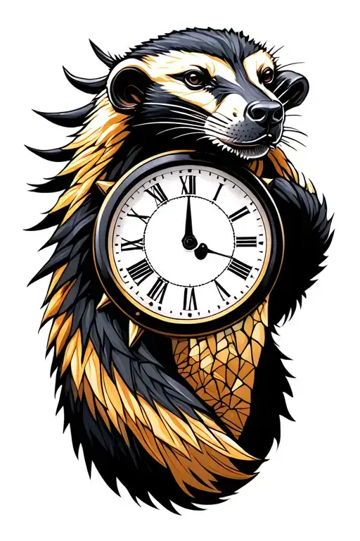 honey badger animal and time with analog clock reading tattoo design idea