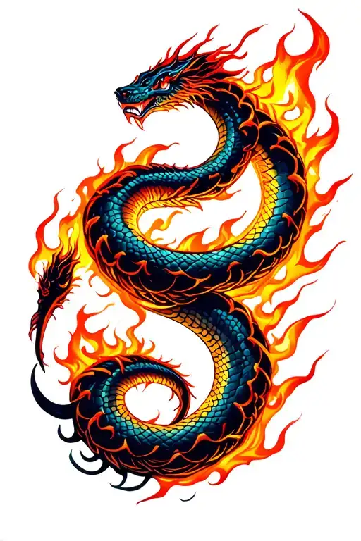 A vivid illustration of a fiery serpent coiling in a dark, mystical landscape. The serpent is composed entirely of flame tattoo design idea