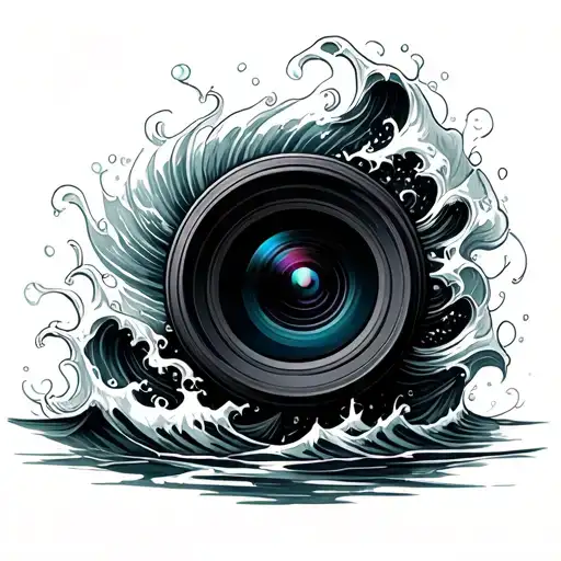 A camera lens surrounded by swirling waves, symbolizing the connection between photography and swimming tattoo design idea
