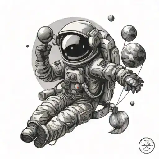 An astronaut floating and holding balloons in the shape of planets. tattoo design idea