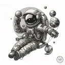 An astronaut floating and holding balloons in the shape of planets. tattoo design idea