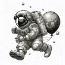 An astronaut floating and holding balloons in the shape of planets. tattoo design idea