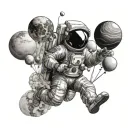 An astronaut floating and holding balloons in the shape of planets. tattoo design idea