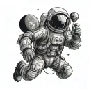 An astronaut floating and holding balloons in the shape of planets. tattoo design idea