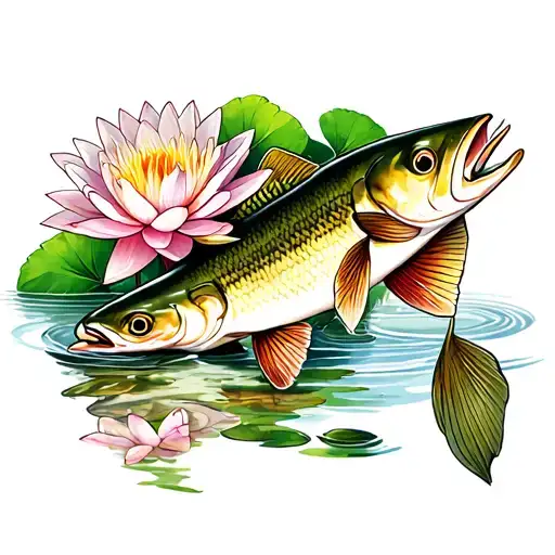 waterlilies and pike fish tattoo design idea