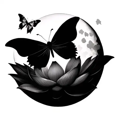 butterflies fluttering, on top of lotus and moon tattoo design idea