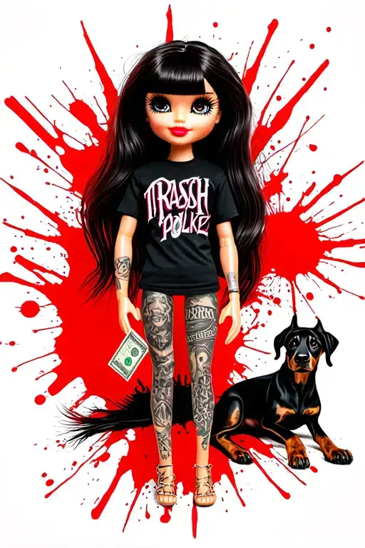 Bratz doll with long eyelashes, Doberman sitting at his feet, a pack of dollars in his hand, Armani T -shirt, against the backdrop of rays and bucks tattoo design idea