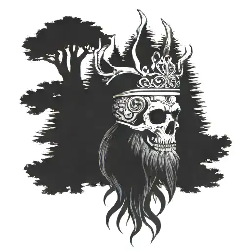 Celtic Skull with beard with pine trees with a crown made from deer antlers tattoo design idea