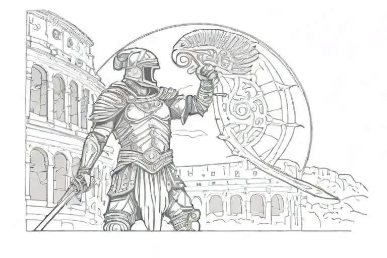 a waist-deep angel in the rays of the sun and a gladiator in a helmet against the backdrop of the Colosseum tattoo design idea