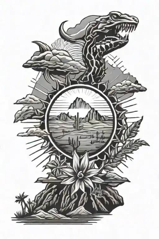 Sun with mountains up top, focal point "Good Vibes Only", Arizona desert theme, scorpion at bottom tattoo design idea