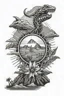 Sun with mountains up top, focal point "Good Vibes Only", Arizona desert theme, scorpion at bottom tattoo design idea