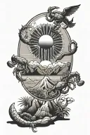 Sun with mountains up top, focal point "Good Vibes Only", Arizona desert theme, scorpion at bottom tattoo design idea