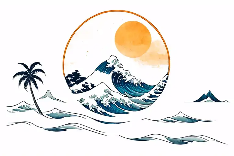Japanese wave the sea with the half circle with 2 small mountains and a small volcano and sun palm Greek clouds tattoo design idea