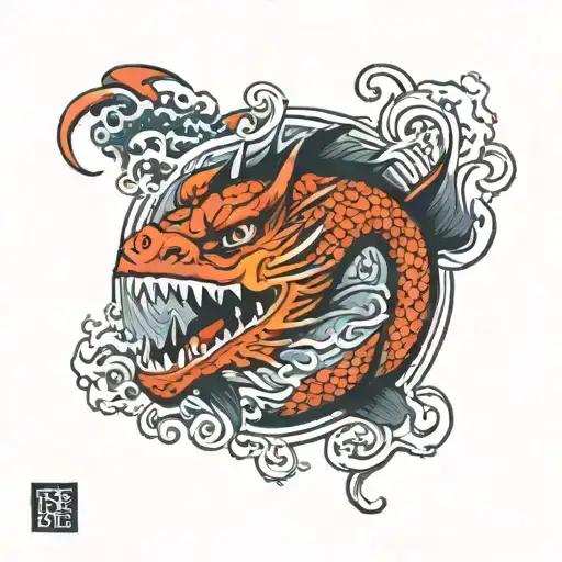 irezumi twotone fish dragon tsunami tattoo design idea