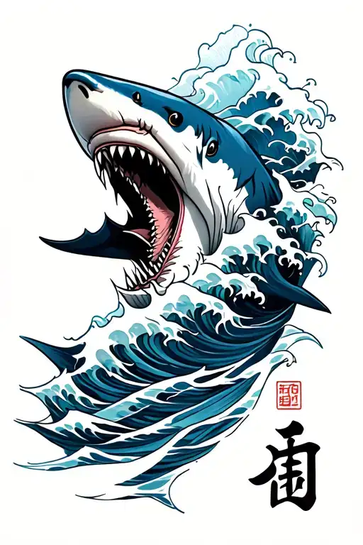 waves, a head of a shark and a kanji writes conviction in blue tattoo design idea
