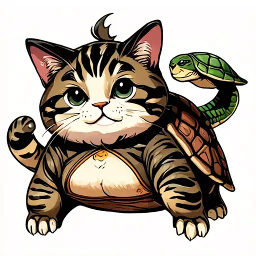 Cute fat cat with a turtle riding on the back tattoo design idea