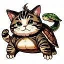 Cute fat cat with a turtle riding on the back tattoo design idea