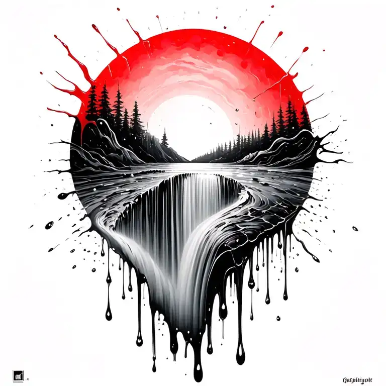 a sun melting into a waterfall that turns into rain drops tattoo design idea