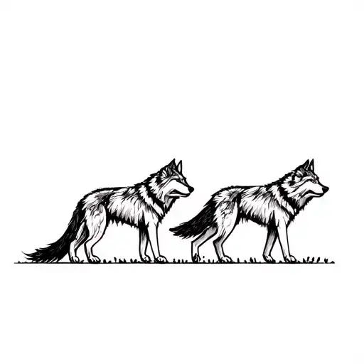 “Minimalist fine line tattoo of two wolves walking side by side, one slightly protecting the other, sketch style, clean  tattoo design idea