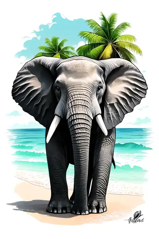 elephant on a beach with palmer tattoo design idea