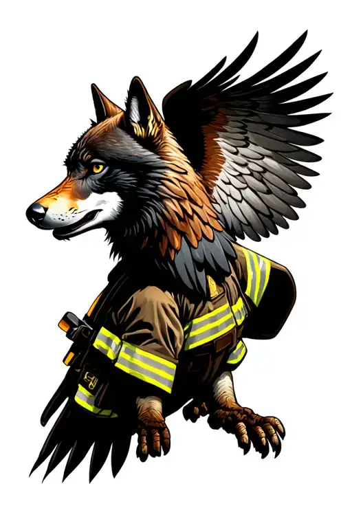firefighter, wolf, open wing eagle tattoo design idea
